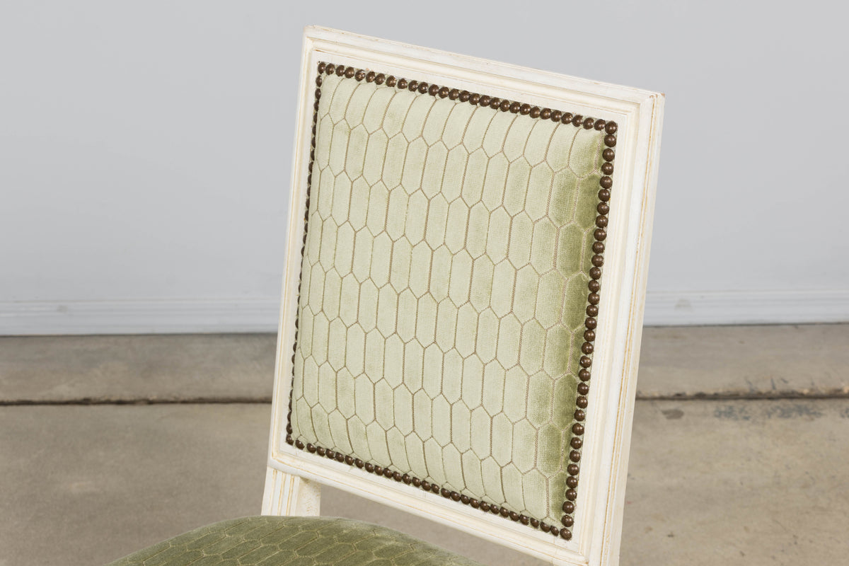 Antique French Louis XVI Style Painted Side Chairs W/ Green Geometric Velvet  – A Pair