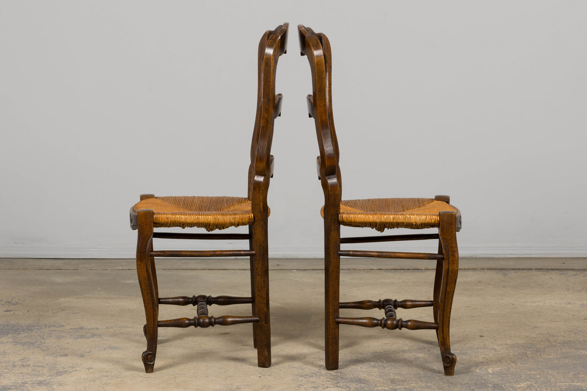 French Louis XV Style Provincial Maple Side Chairs W/ Rush Seats - A Pair