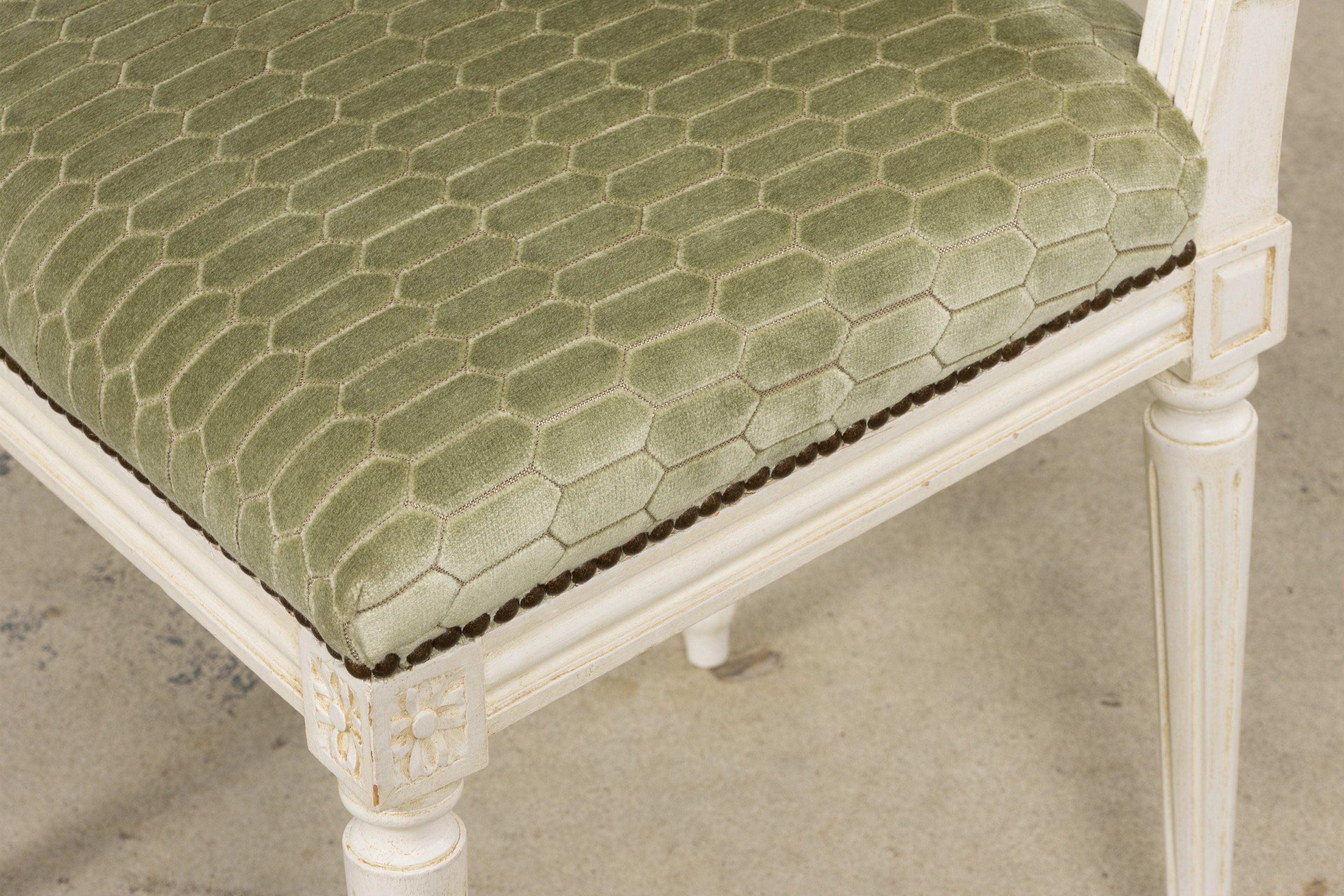 Antique French Louis XVI Style Painted Side Chairs W/ Green Geometric Velvet  – A Pair