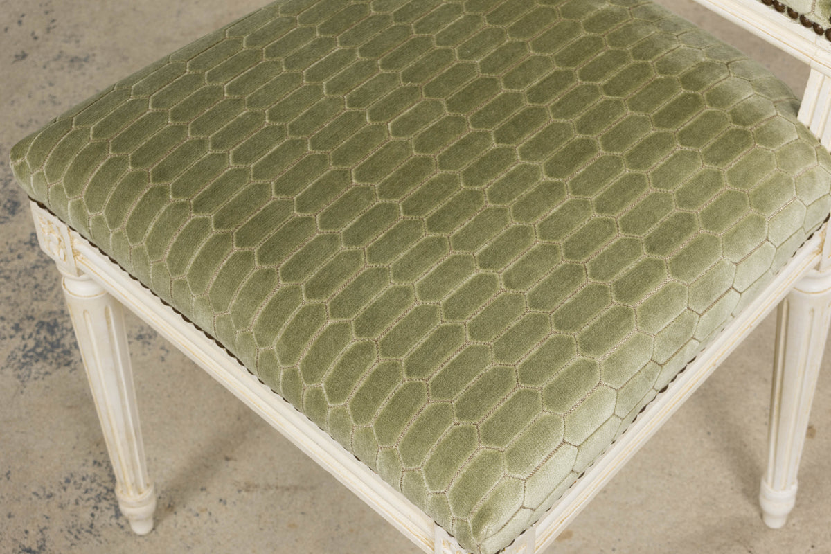 Antique French Louis XVI Style Painted Side Chairs W/ Green Geometric Velvet  – A Pair