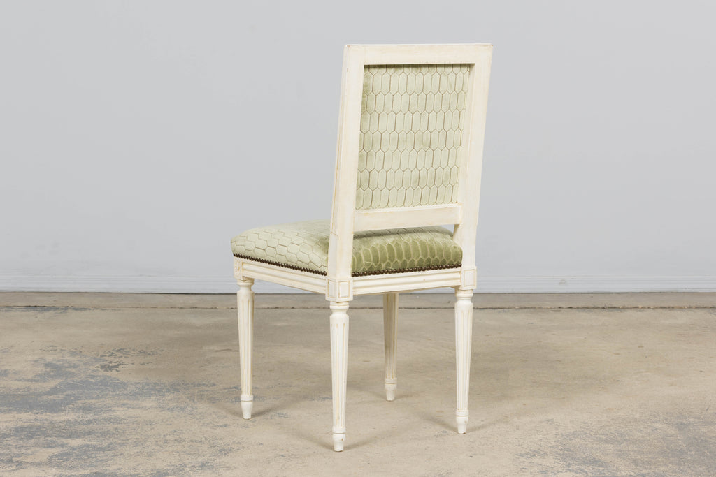 Antique French Louis XVI Style Painted Side Chairs W/ Green Geometric Velvet  – A Pair