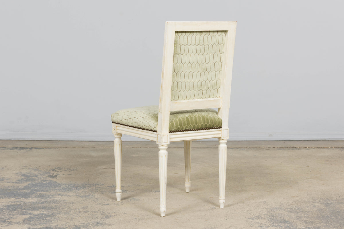 Antique French Louis XVI Style Painted Side Chairs W/ Green Geometric Velvet  – A Pair