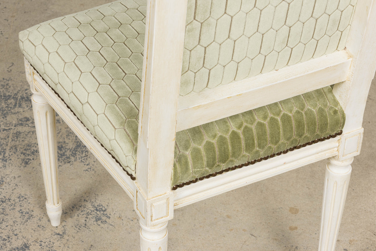 Antique French Louis XVI Style Painted Side Chairs W/ Green Geometric Velvet  – A Pair