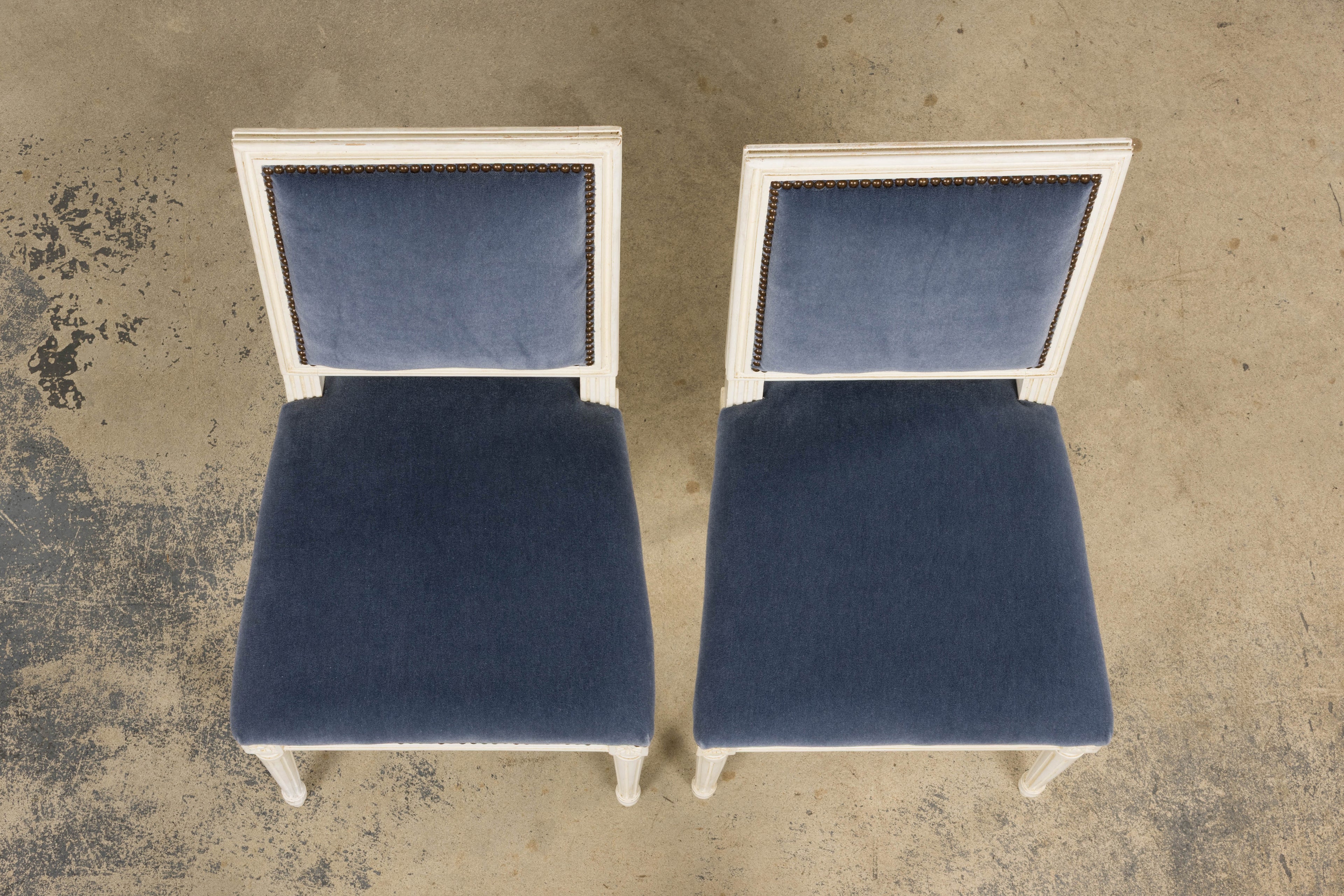 Antique French Louis XVI Style Painted Side Chairs W/ Blue Mohair – A Pair