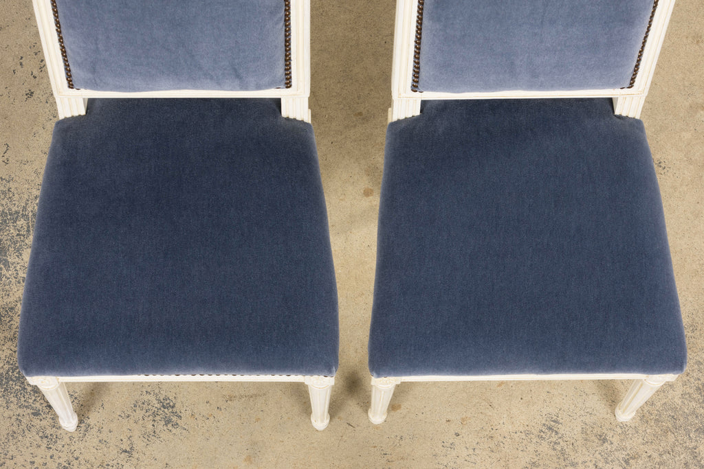 Antique French Louis XVI Style Painted Side Chairs W/ Blue Mohair – A Pair