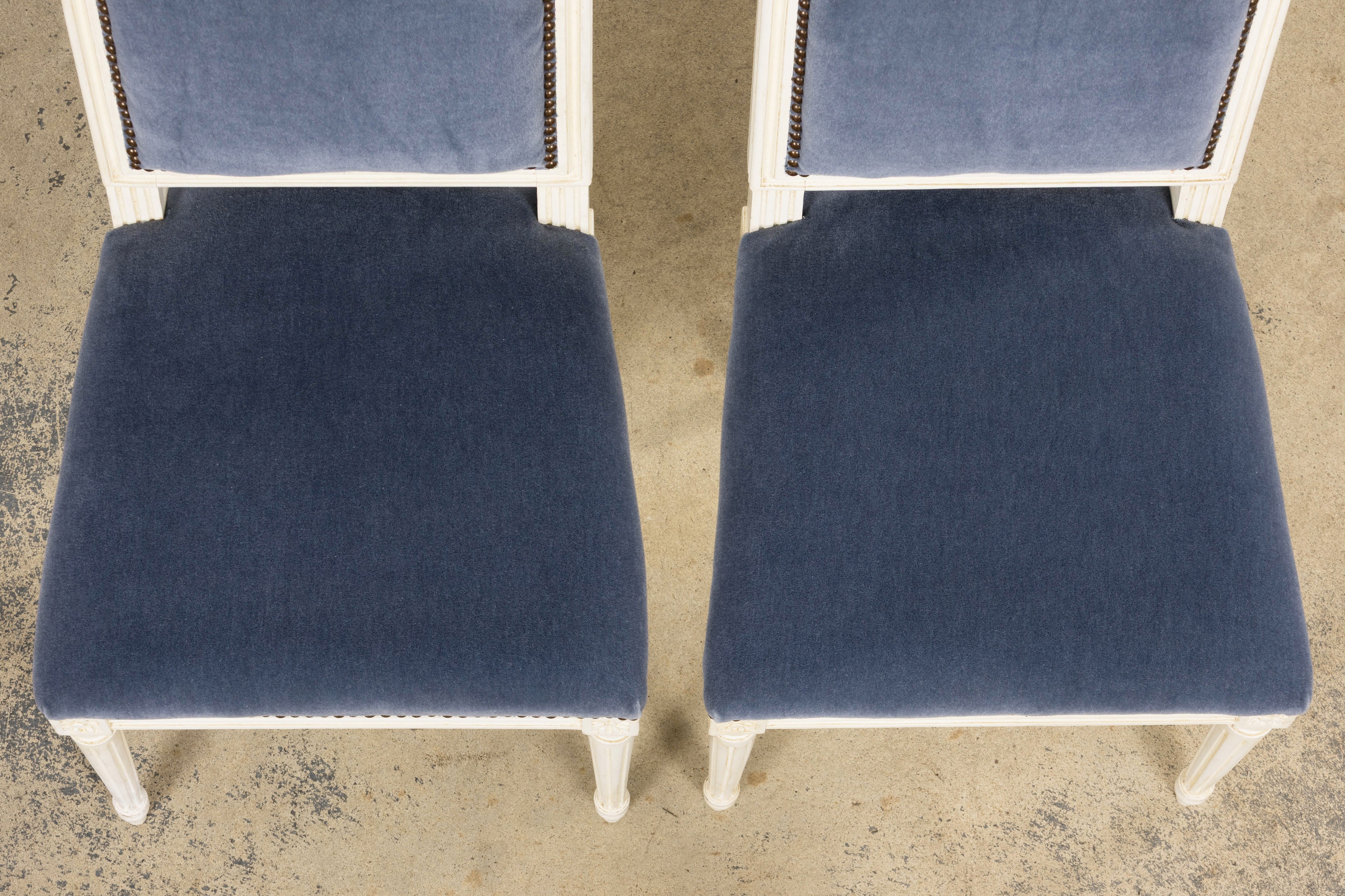 Antique French Louis XVI Style Painted Side Chairs W/ Blue Mohair – A Pair