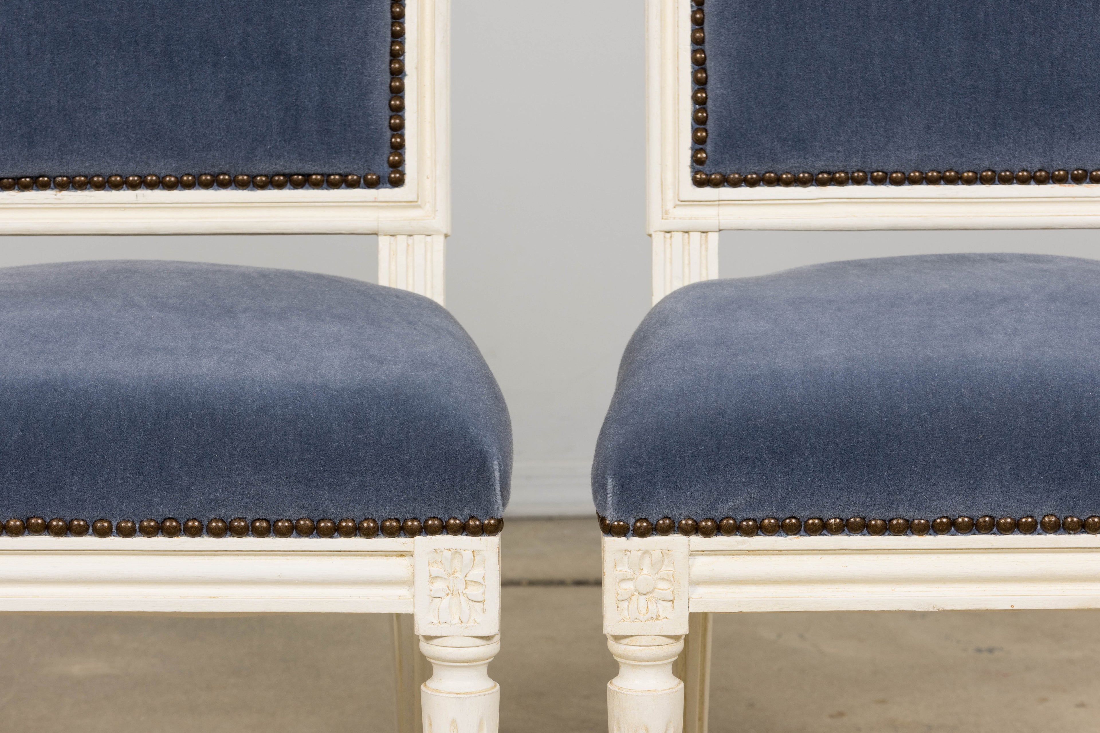 Antique French Louis XVI Style Painted Side Chairs W/ Blue Mohair – A Pair