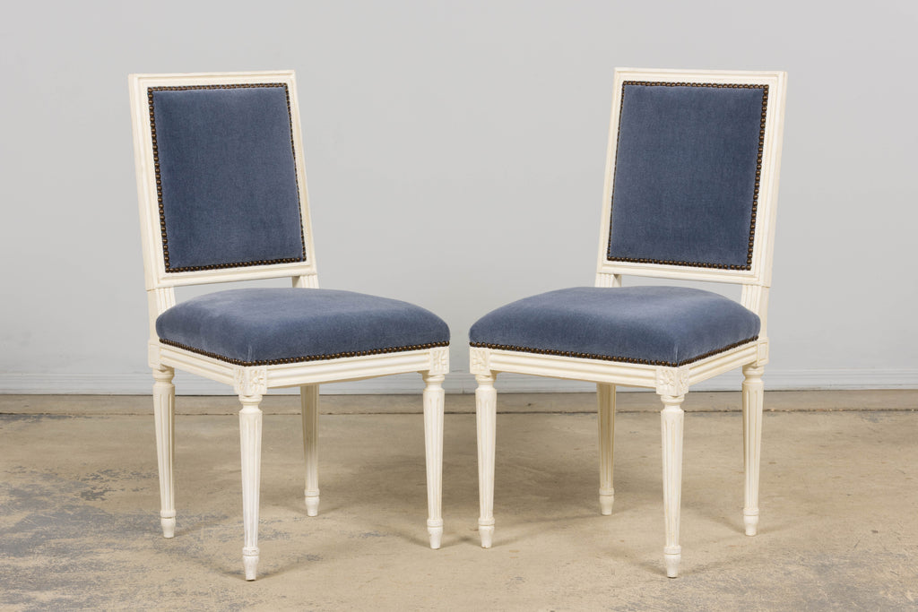 Antique French Louis XVI Style Painted Side Chairs W/ Blue Mohair – A Pair