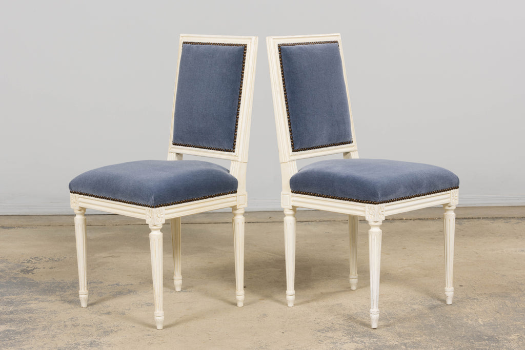 Antique French Louis XVI Style Painted Side Chairs W/ Blue Mohair – A Pair