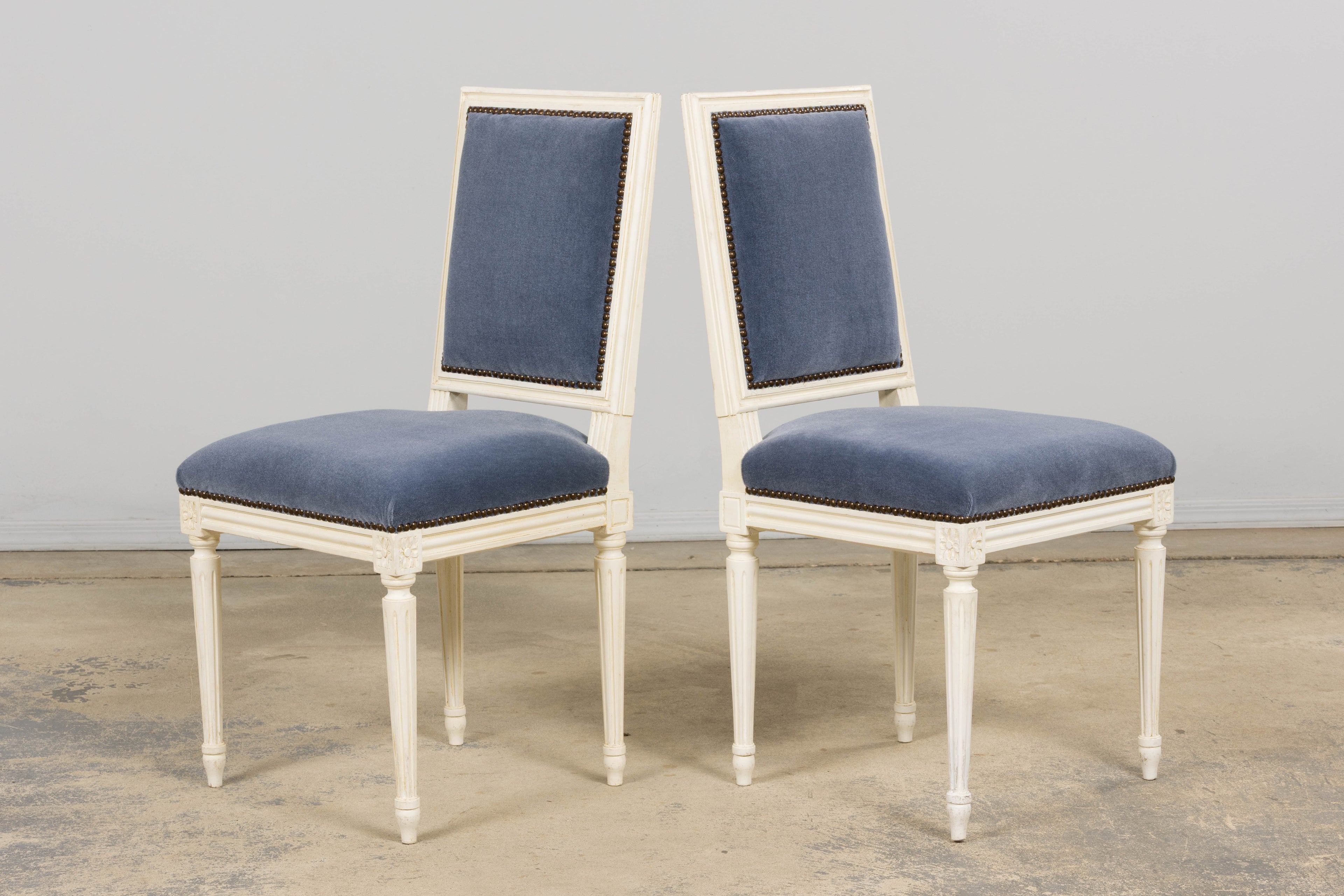 Antique French Louis XVI Style Painted Side Chairs W/ Blue Mohair – A Pair