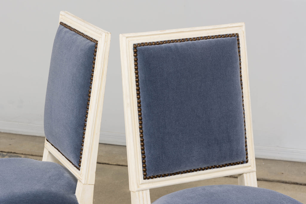 Antique French Louis XVI Style Painted Side Chairs W/ Blue Mohair – A Pair