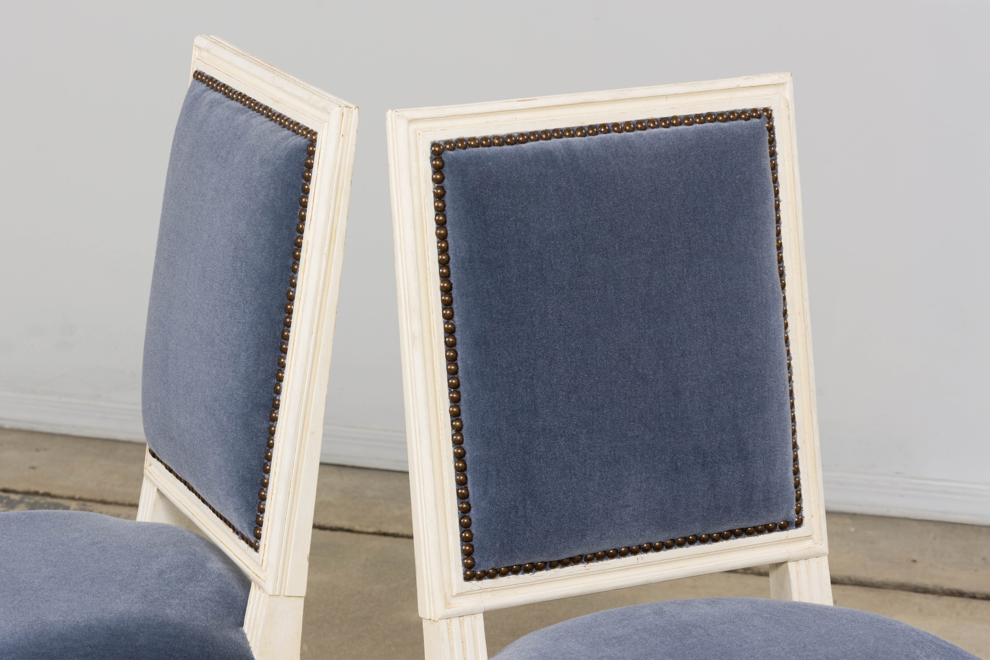 Antique French Louis XVI Style Painted Side Chairs W/ Blue Mohair – A Pair