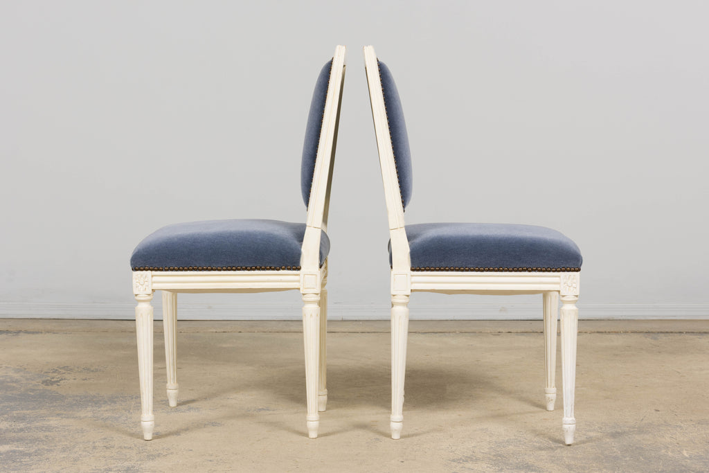 Antique French Louis XVI Style Painted Side Chairs W/ Blue Mohair – A Pair
