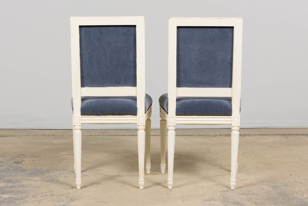 Antique French Louis XVI Style Painted Side Chairs W/ Blue Mohair – A Pair