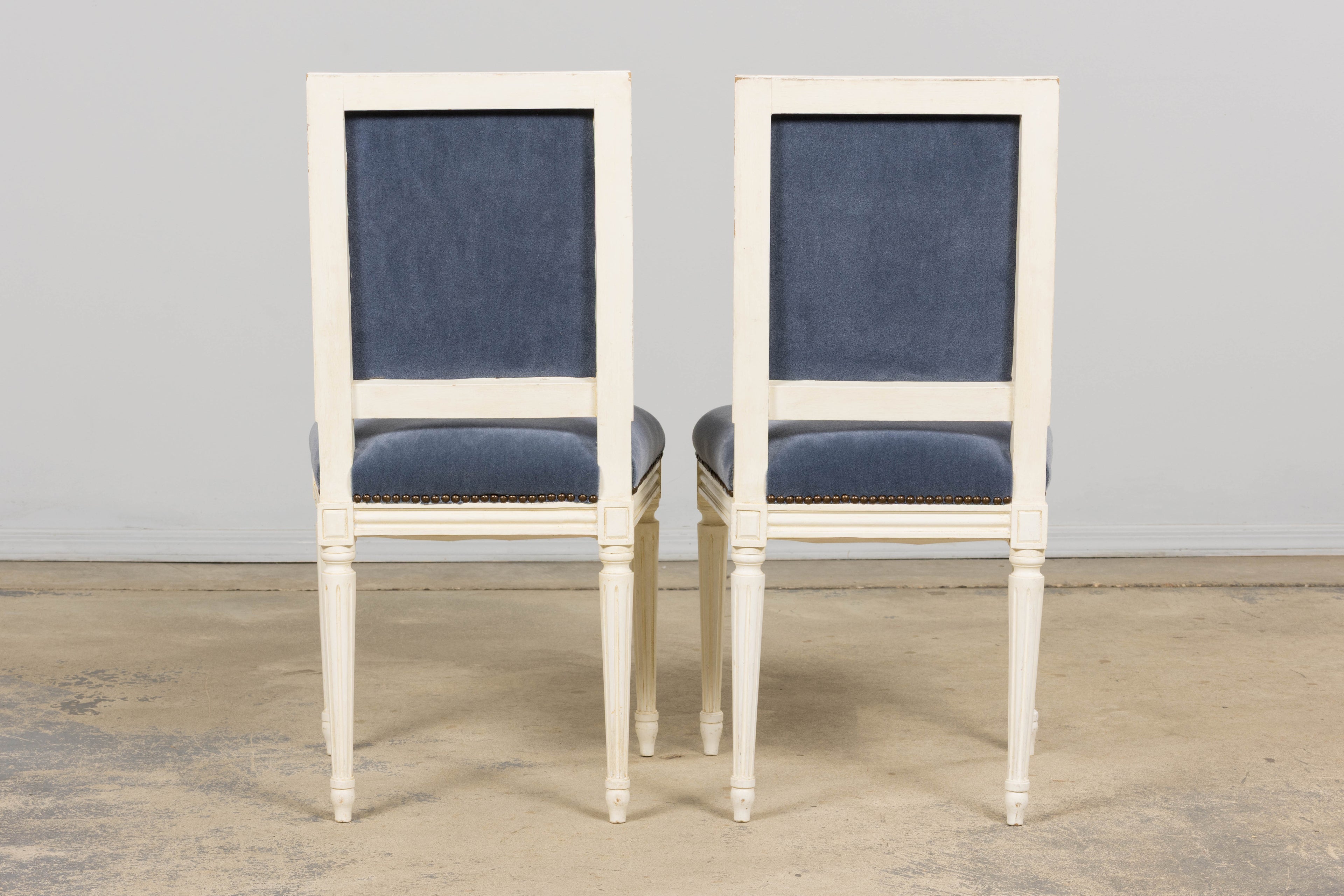 Antique French Louis XVI Style Painted Side Chairs W/ Blue Mohair – A Pair