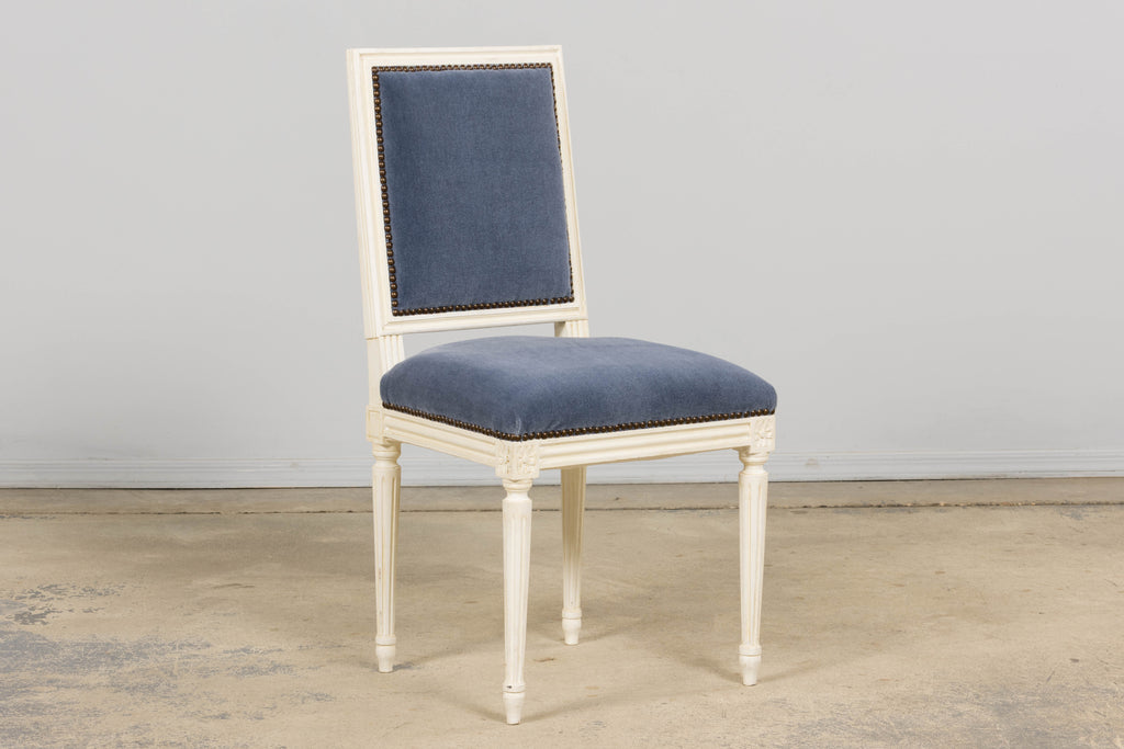 Antique French Louis XVI Style Painted Side Chairs W/ Blue Mohair – A Pair