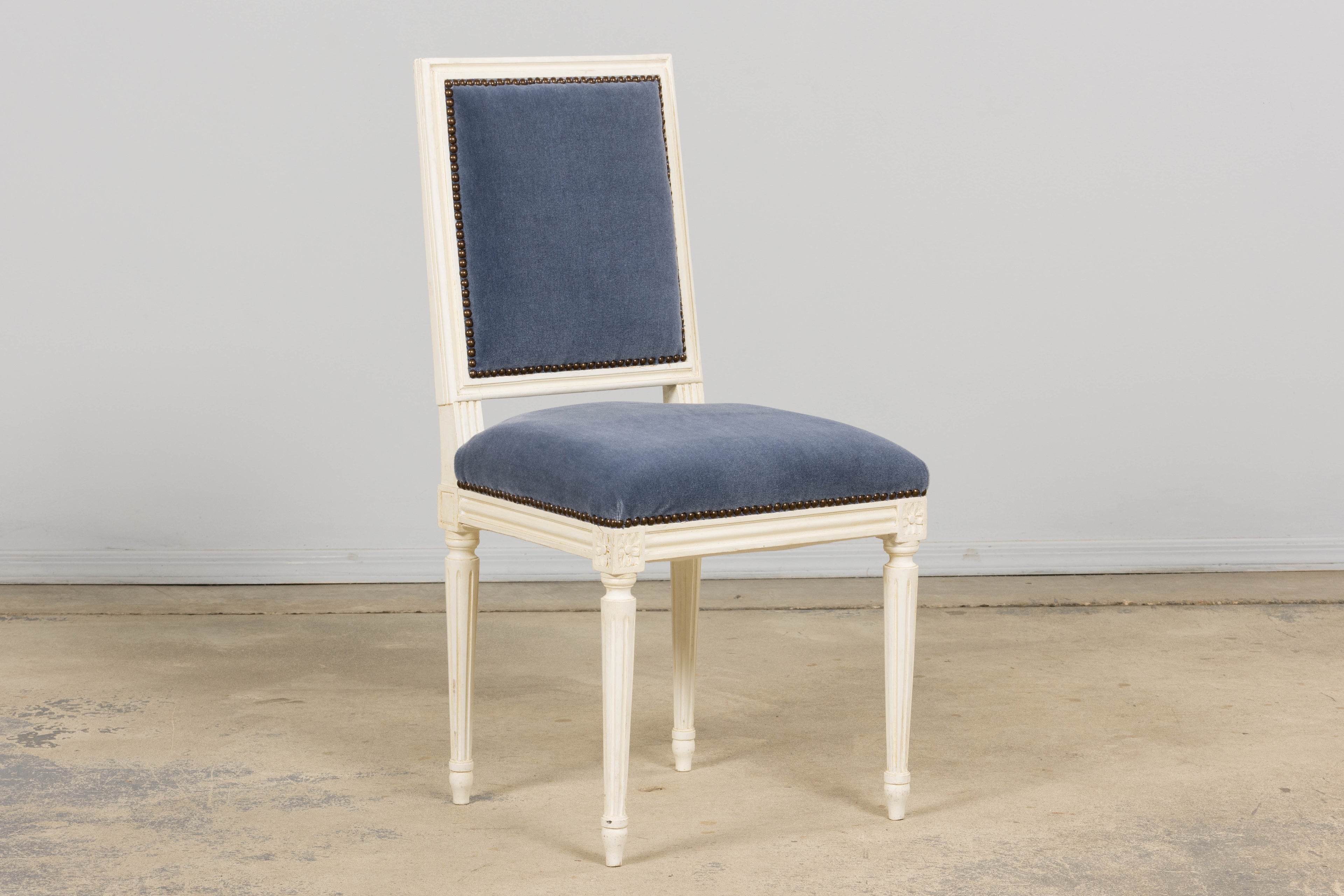 Antique French Louis XVI Style Painted Side Chairs W/ Blue Mohair – A Pair