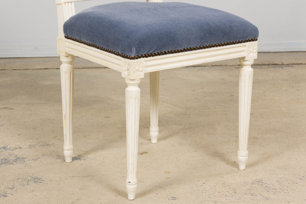 Antique French Louis XVI Style Painted Side Chairs W/ Blue Mohair – A Pair