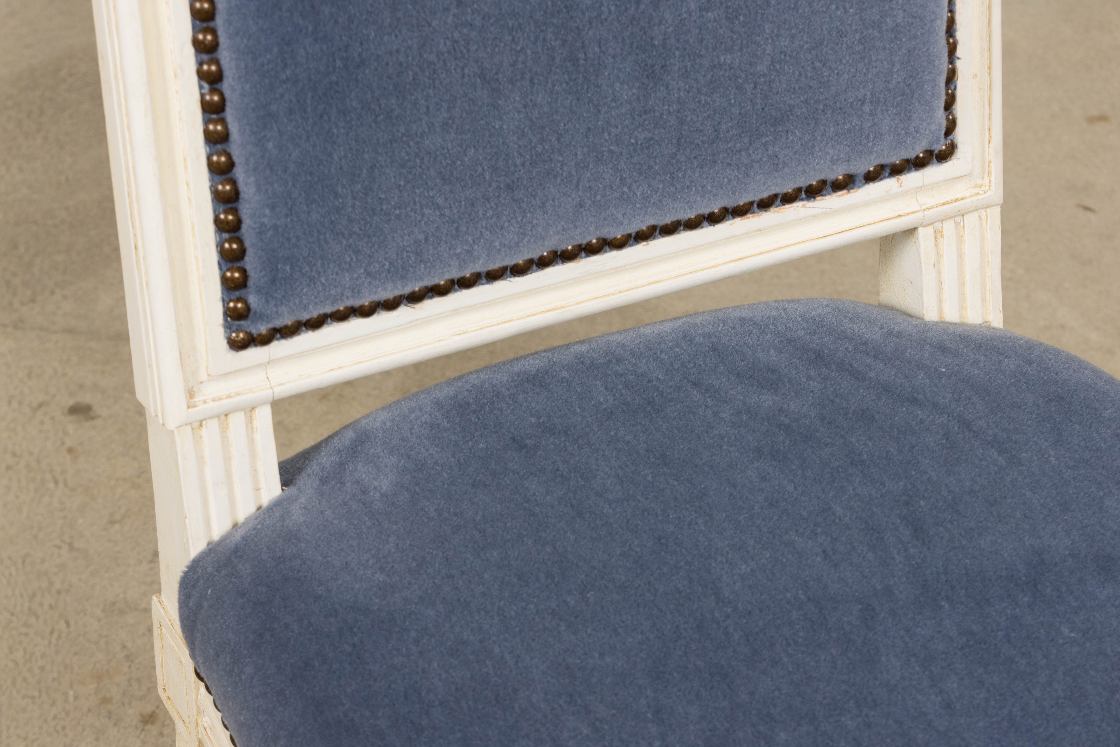 Antique French Louis XVI Style Painted Side Chairs W/ Blue Mohair – A Pair
