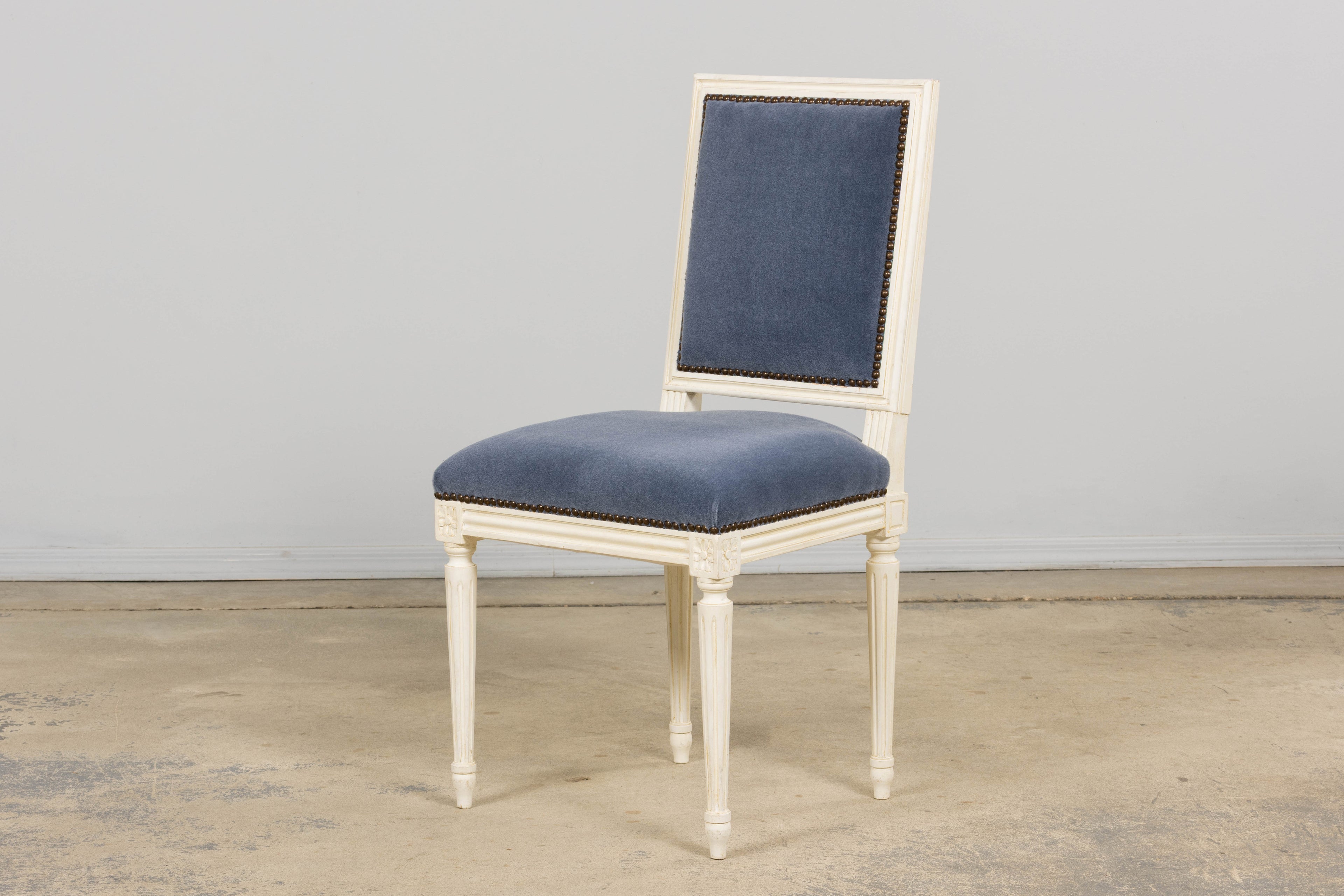 Antique French Louis XVI Style Painted Side Chairs W/ Blue Mohair – A Pair
