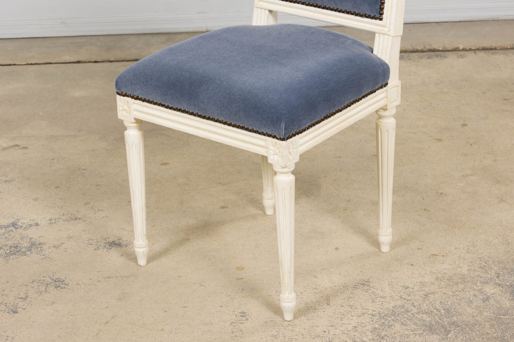 Antique French Louis XVI Style Painted Side Chairs W/ Blue Mohair – A Pair