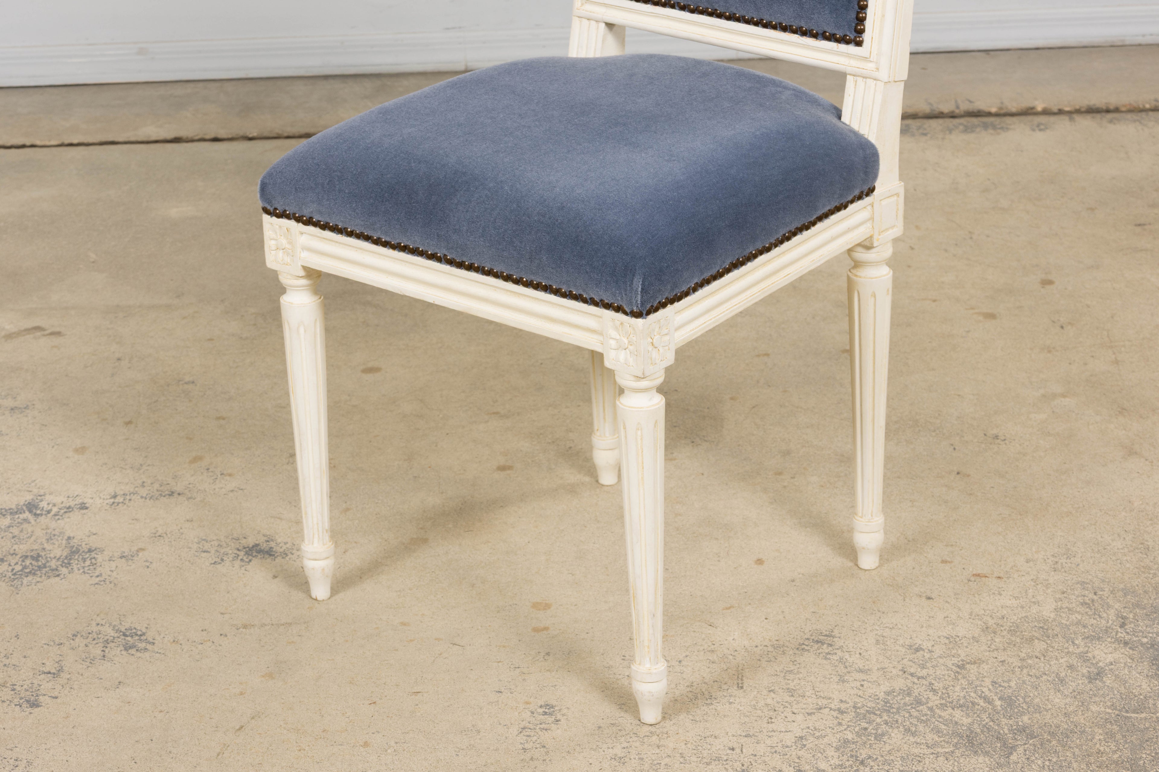 Antique French Louis XVI Style Painted Side Chairs W/ Blue Mohair – A Pair