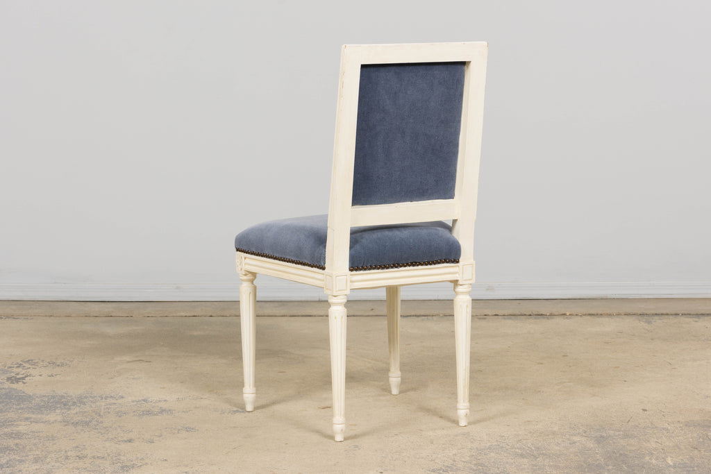 Antique French Louis XVI Style Painted Side Chairs W/ Blue Mohair – A Pair