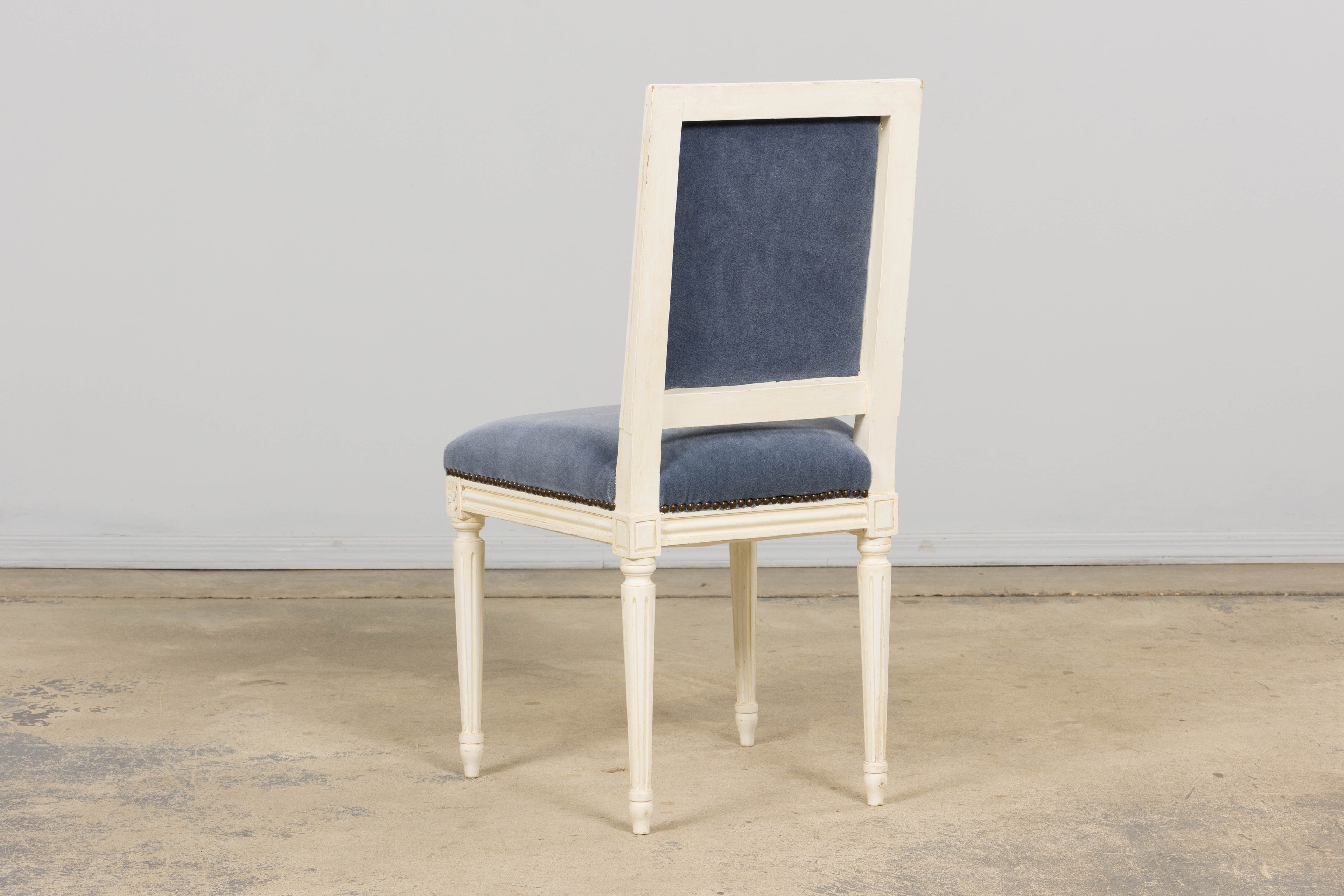 Antique French Louis XVI Style Painted Side Chairs W/ Blue Mohair – A Pair