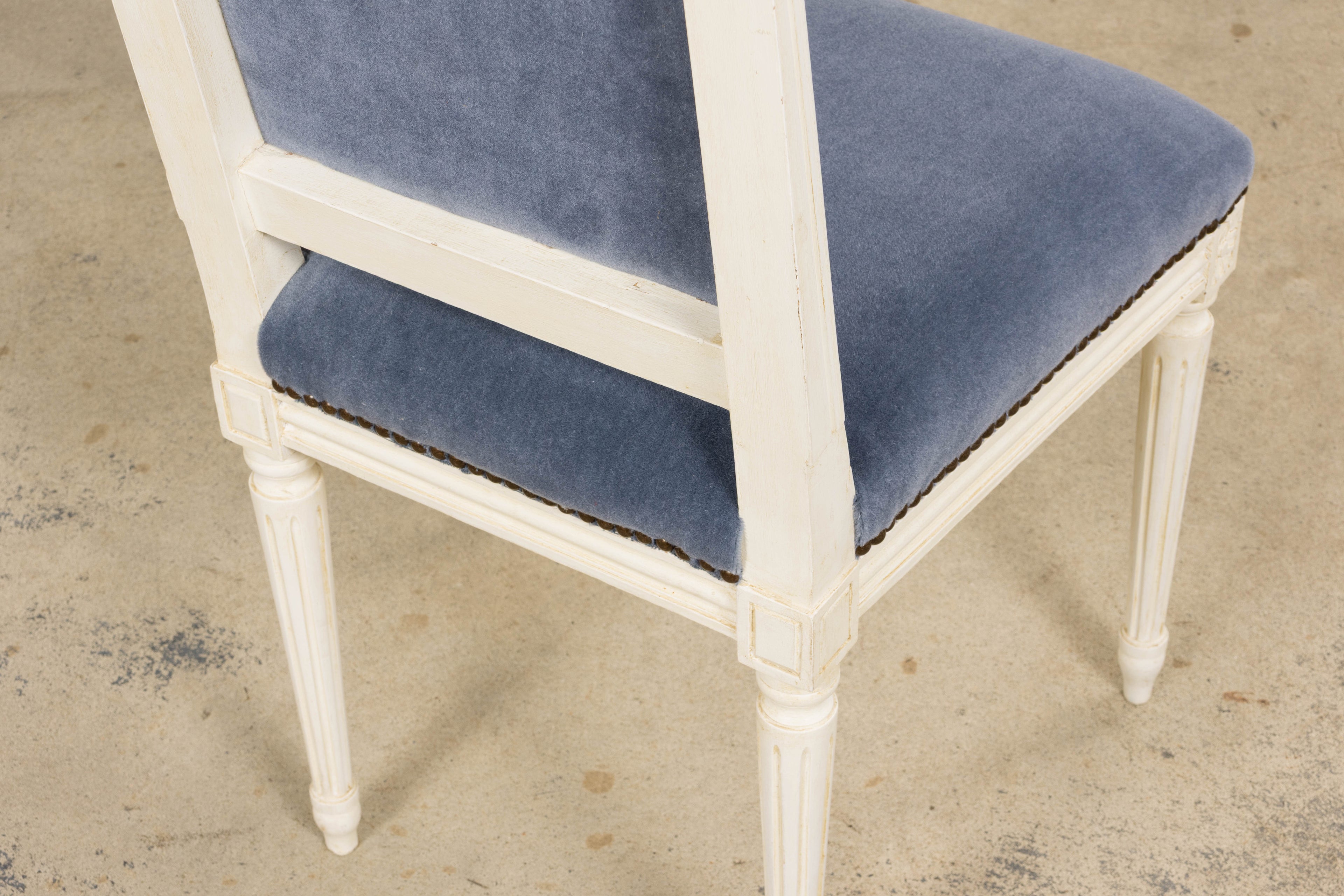 Antique French Louis XVI Style Painted Side Chairs W/ Blue Mohair – A Pair