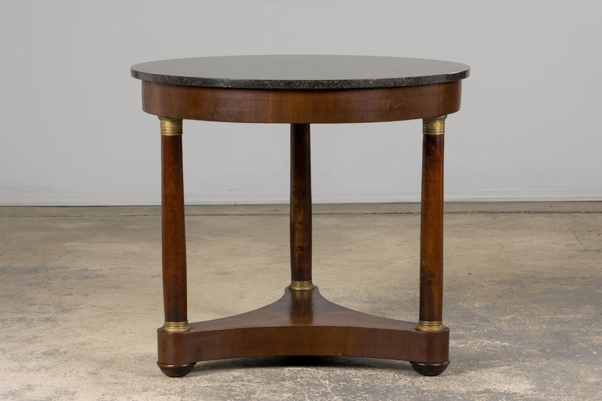 19th Century French Empire Style Walnut Pedestal Center Table with Marble Top