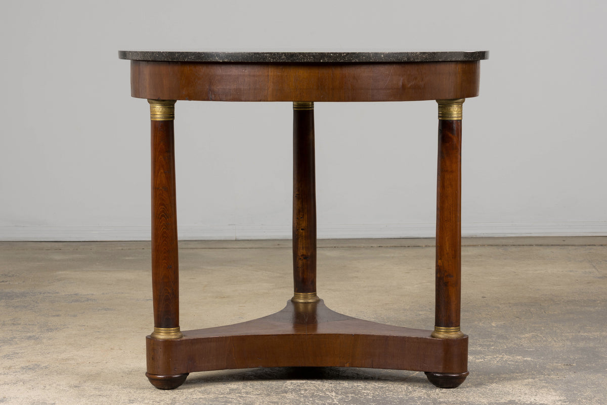 19th Century French Empire Style Walnut Pedestal Center Table with Marble Top