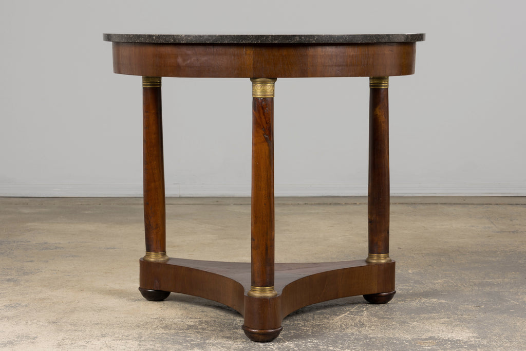 19th Century French Empire Style Walnut Pedestal Center Table with Marble Top