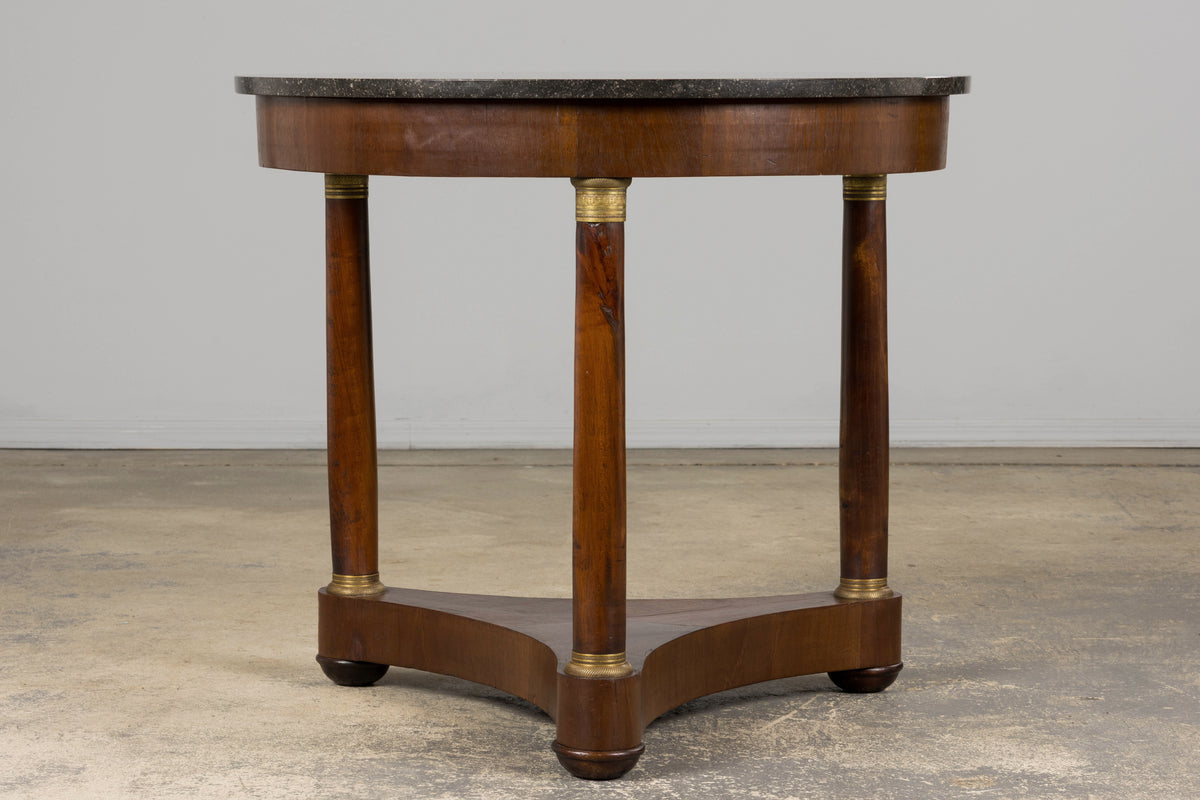 19th Century French Empire Style Walnut Pedestal Center Table with Marble Top
