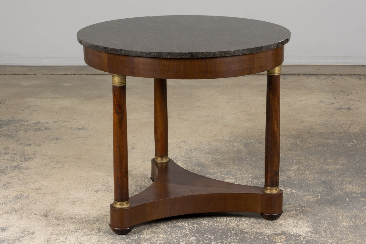 19th Century French Empire Style Walnut Pedestal Center Table with Marble Top