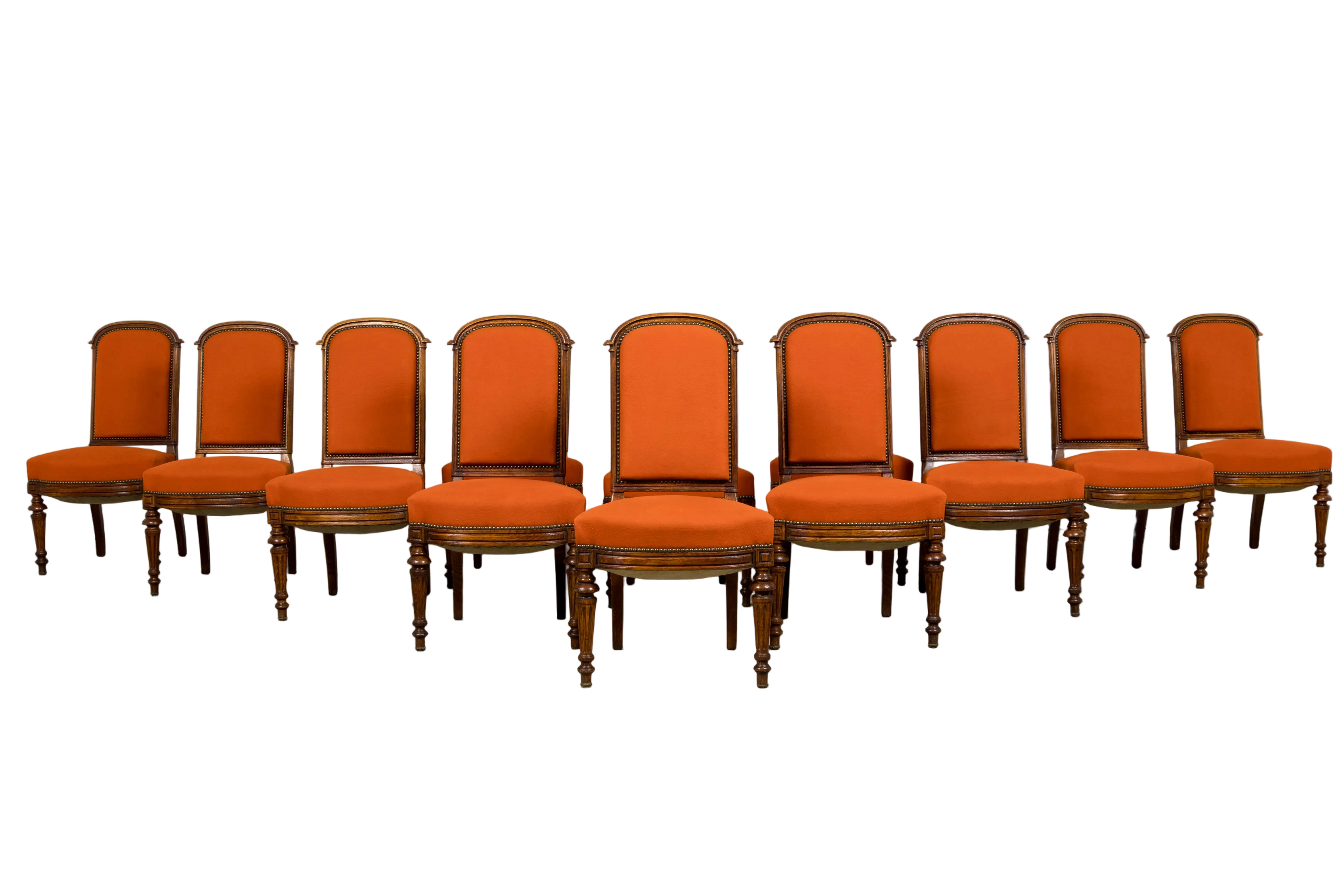 Antique French Napoleon III Style Oak Dining Chairs - Set of 12
