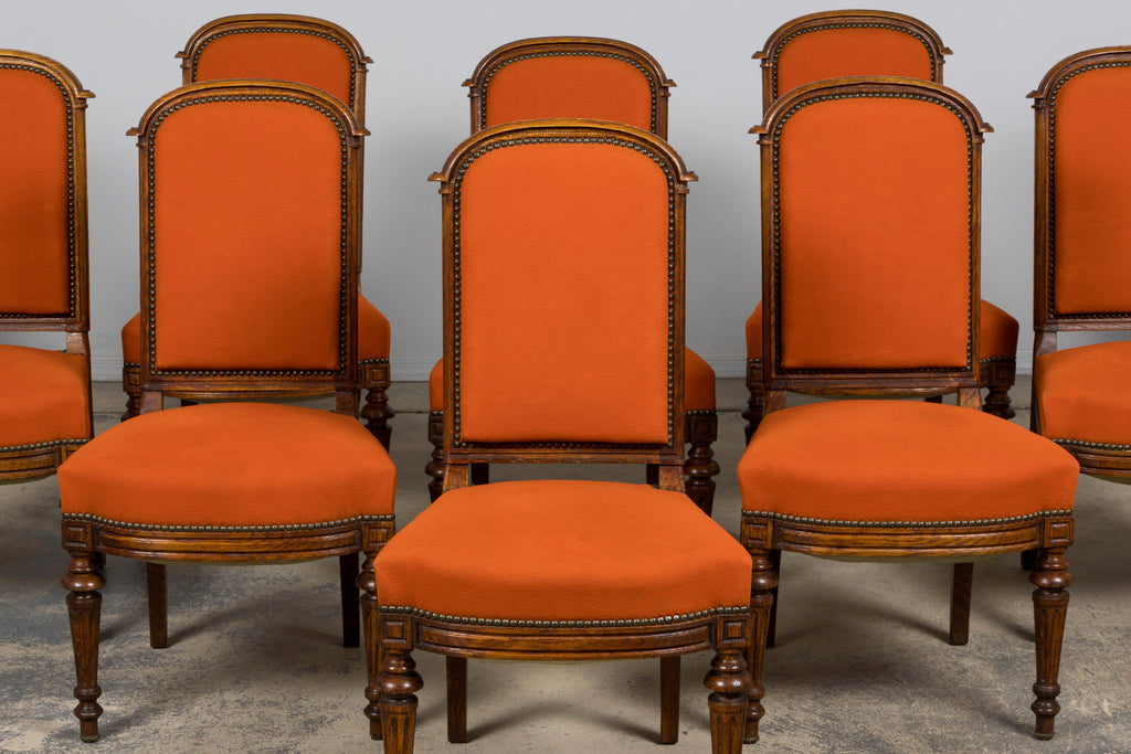 Antique French Napoleon III Style Oak Dining Chairs - Set of 12