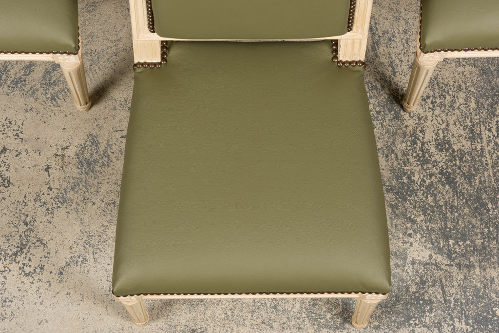 Antique French Louis XVI Style Painted Dining Chairs in Olive Green Leather - Set of 8
