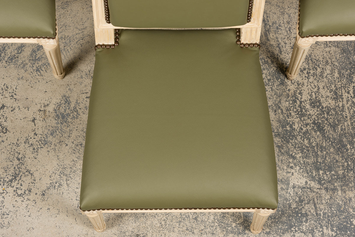 Antique French Louis XVI Style Painted Dining Chairs in Olive Green Leather - Set of 8