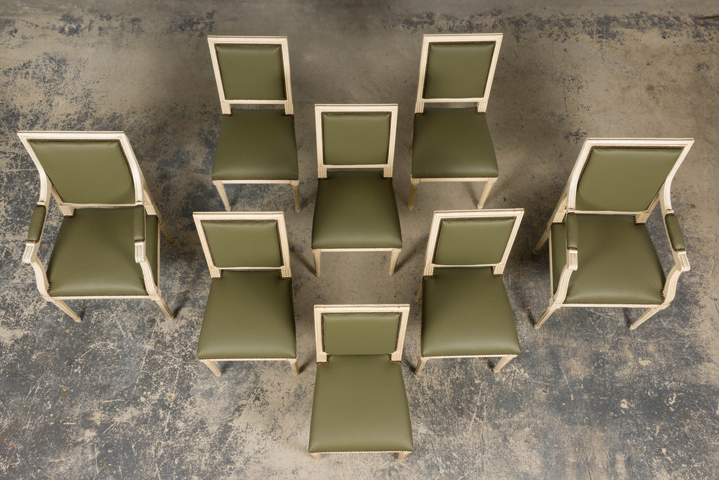 Antique French Louis XVI Style Painted Dining Chairs in Olive Green Leather - Set of 8