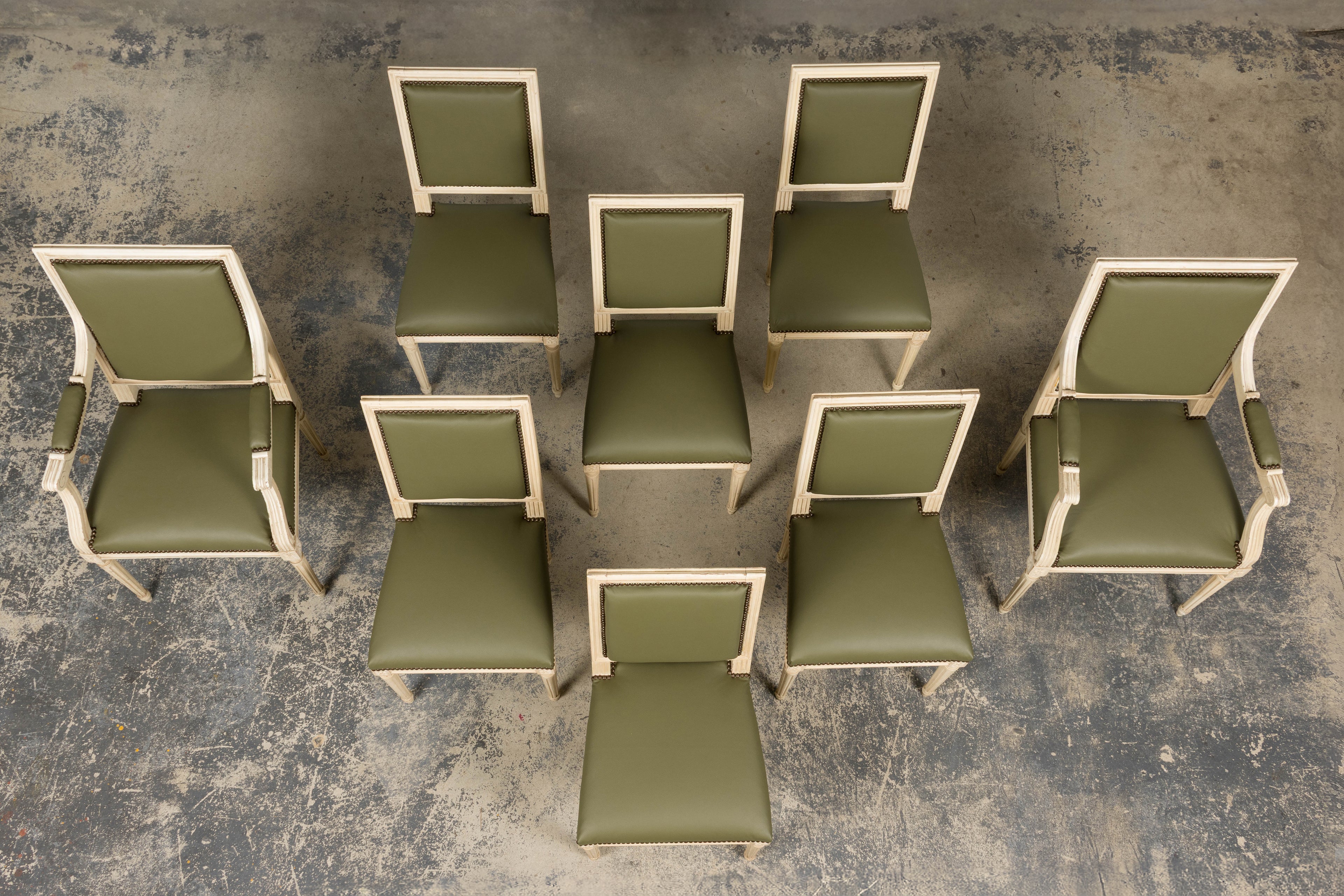 Antique French Louis XVI Style Painted Dining Chairs in Olive Green Leather - Set of 8