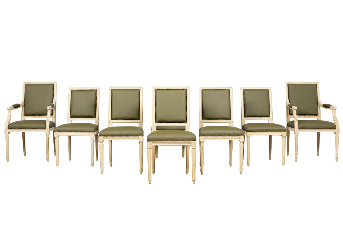 Antique French Louis XVI Style Painted Dining Chairs in Olive Green Leather - Set of 8