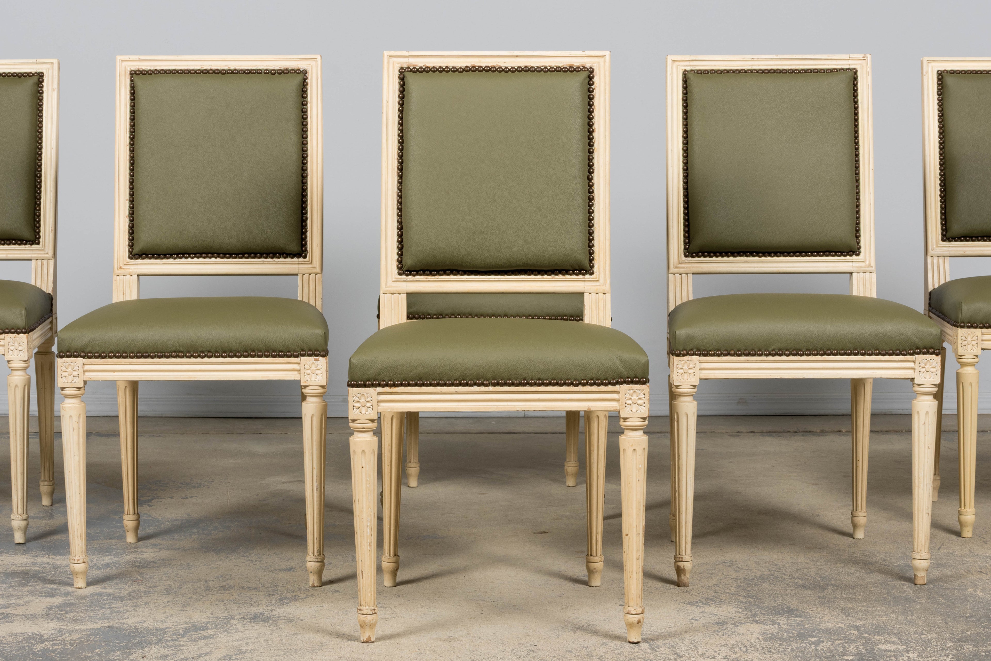 Antique French Louis XVI Style Painted Dining Chairs in Olive Green Leather - Set of 8