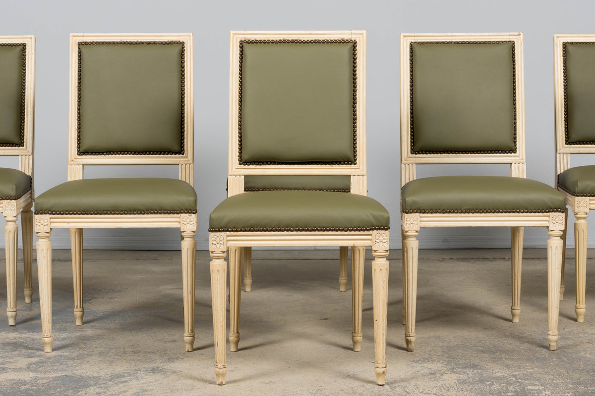 Antique French Louis XVI Style Painted Dining Chairs in Olive Green Leather - Set of 8
