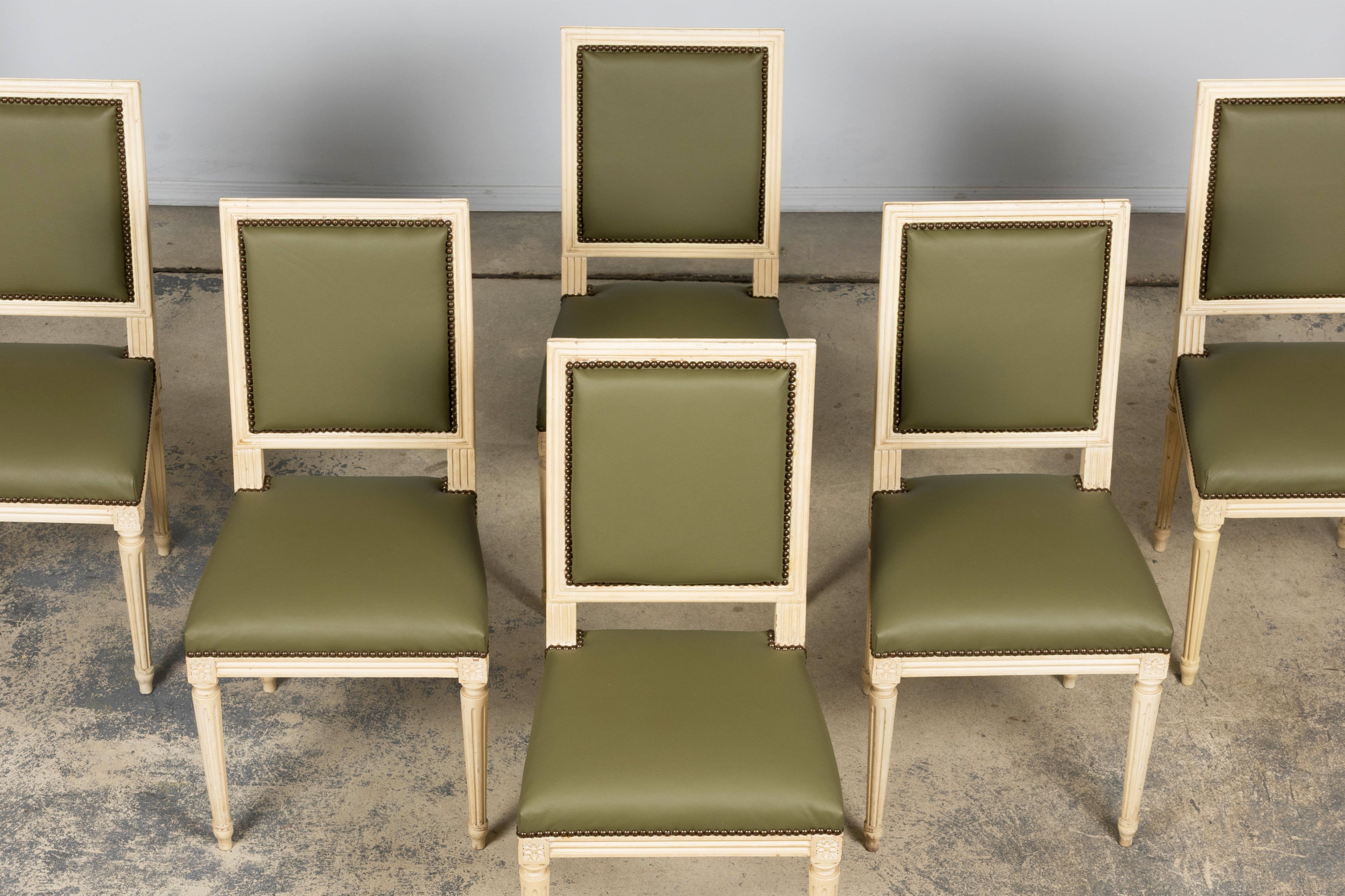 Antique French Louis XVI Style Painted Dining Chairs in Olive Green Leather - Set of 8