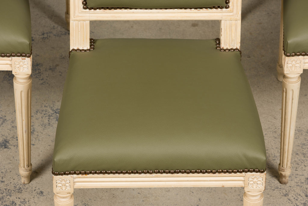 Antique French Louis XVI Style Painted Dining Chairs in Olive Green Leather - Set of 8