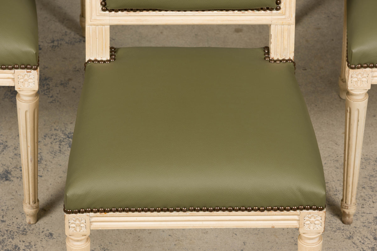 Antique French Louis XVI Style Painted Dining Chairs in Olive Green Leather - Set of 8