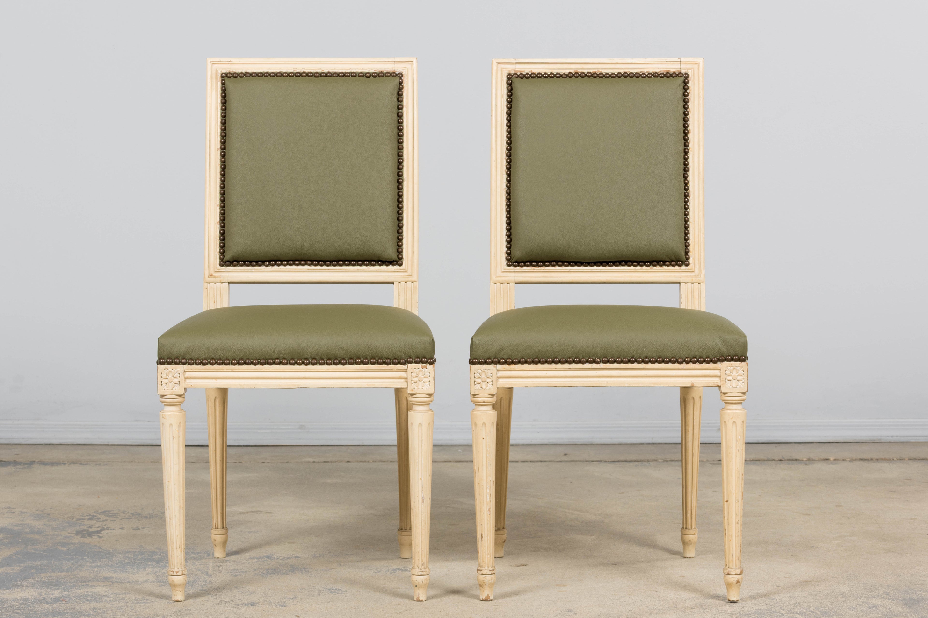 Antique French Louis XVI Style Painted Dining Chairs in Olive Green Leather - Set of 8