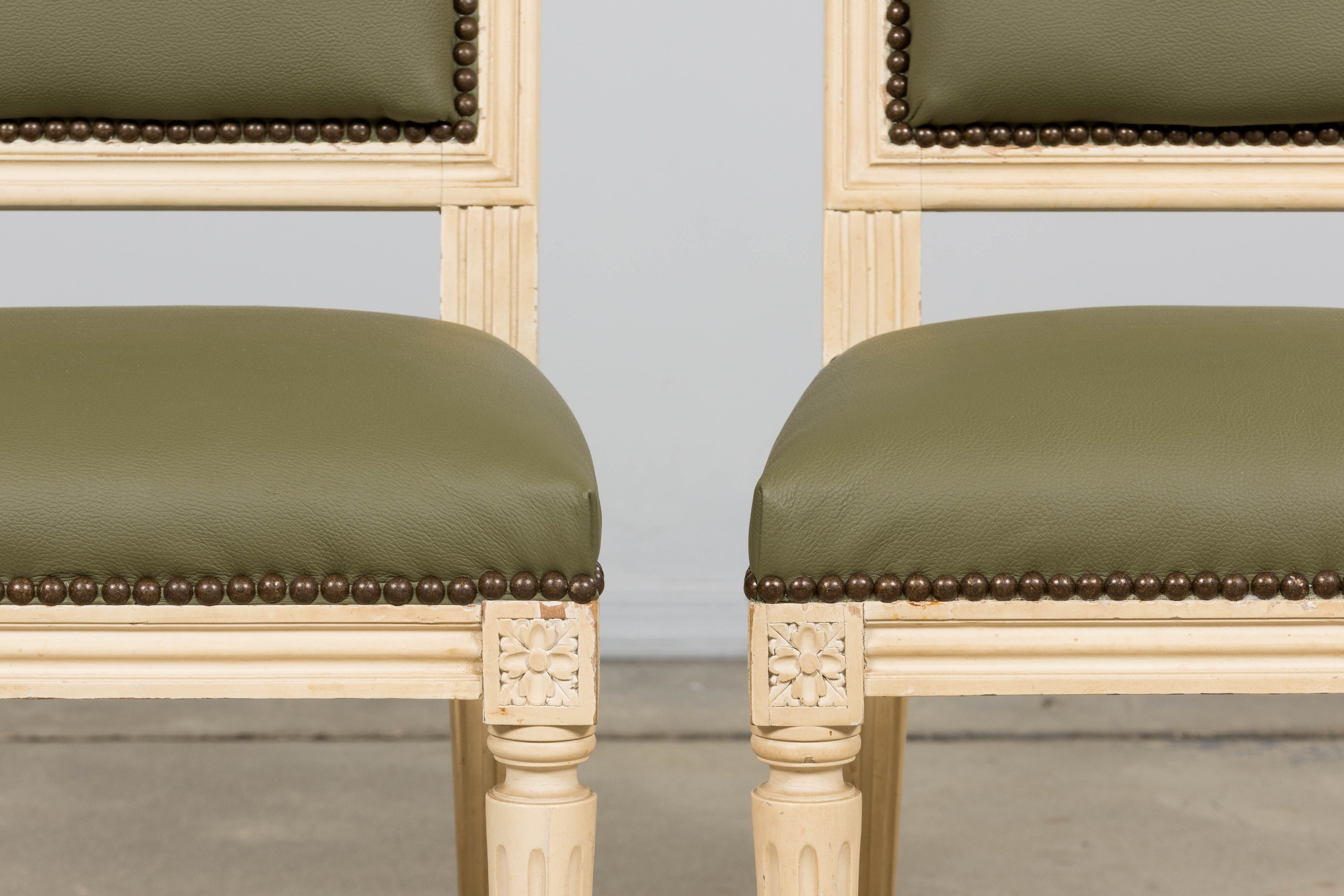 Antique French Louis XVI Style Painted Dining Chairs in Olive Green Leather - Set of 8