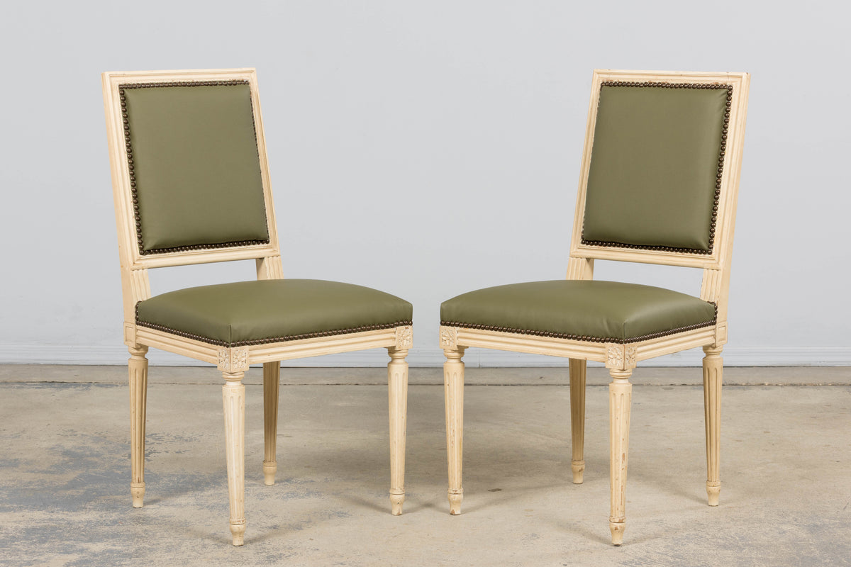 Antique French Louis XVI Style Painted Dining Chairs in Olive Green Leather - Set of 8