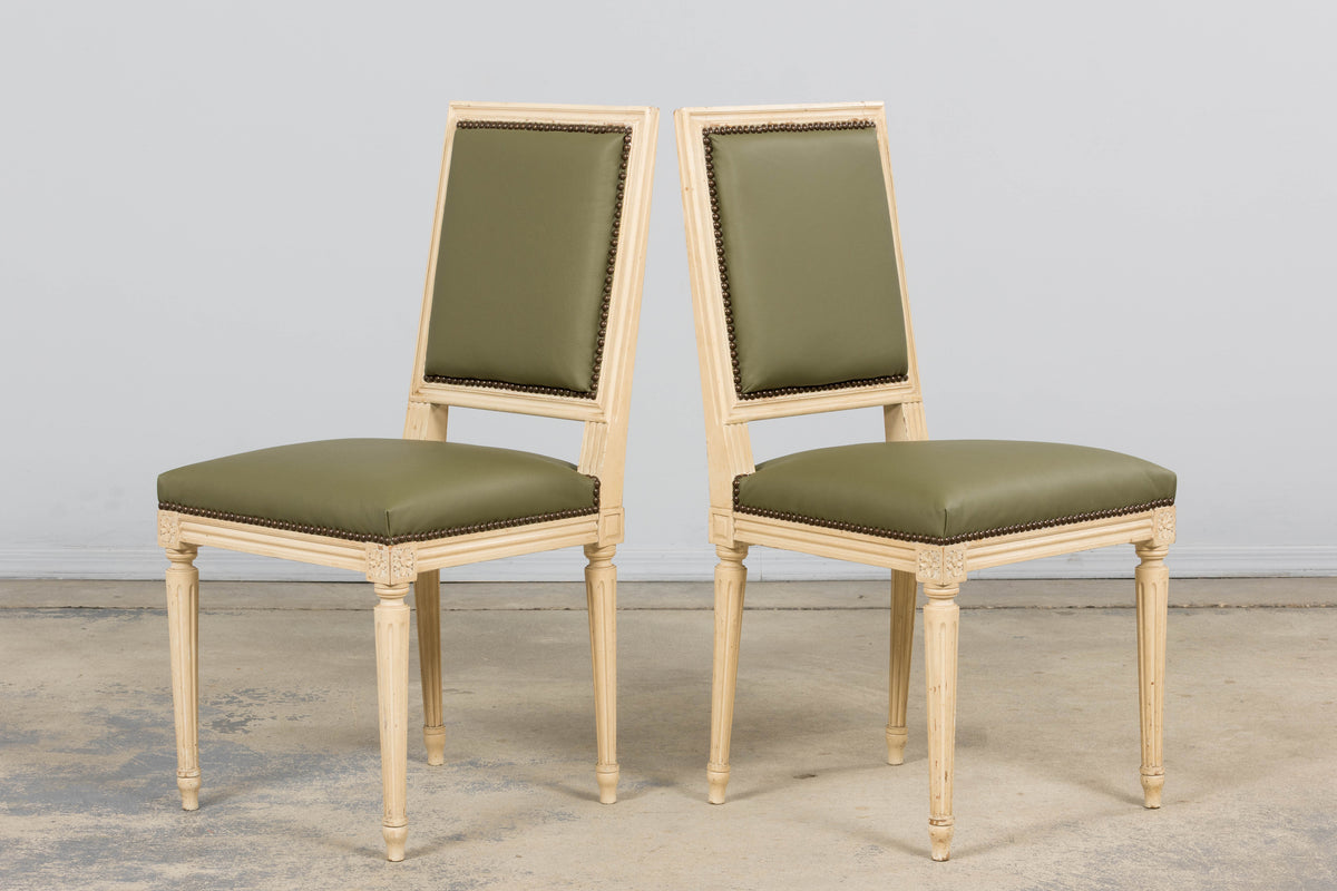 Antique French Louis XVI Style Painted Dining Chairs in Olive Green Leather - Set of 8